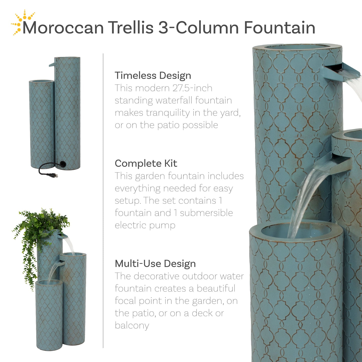 Sunnydaze 27.5" Moroccan Trellis 3-Column Modern Outdoor Water Fountain