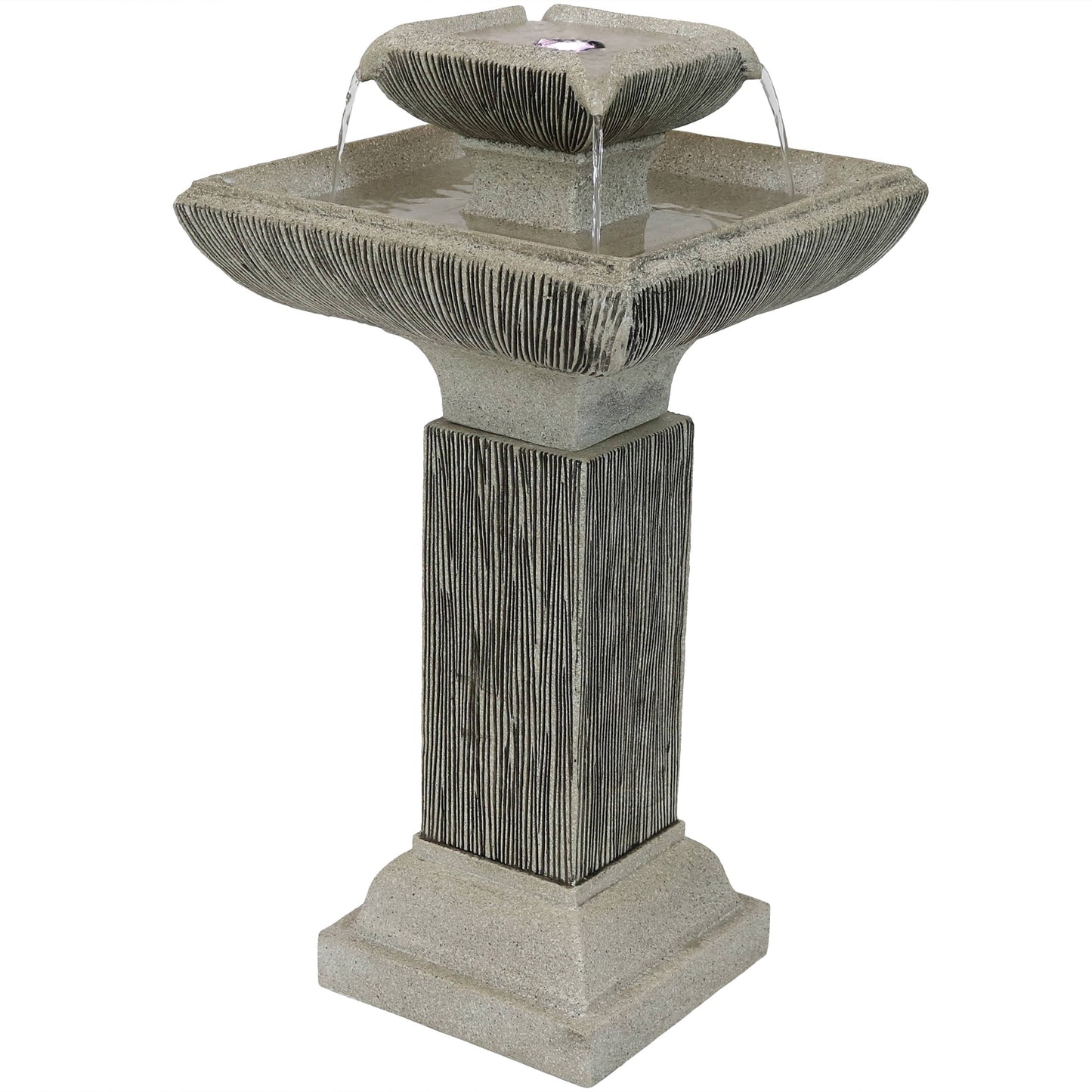 Sunnydaze 25" Square 2-Tier Outdoor Bird Bath Fountain with LED Lights