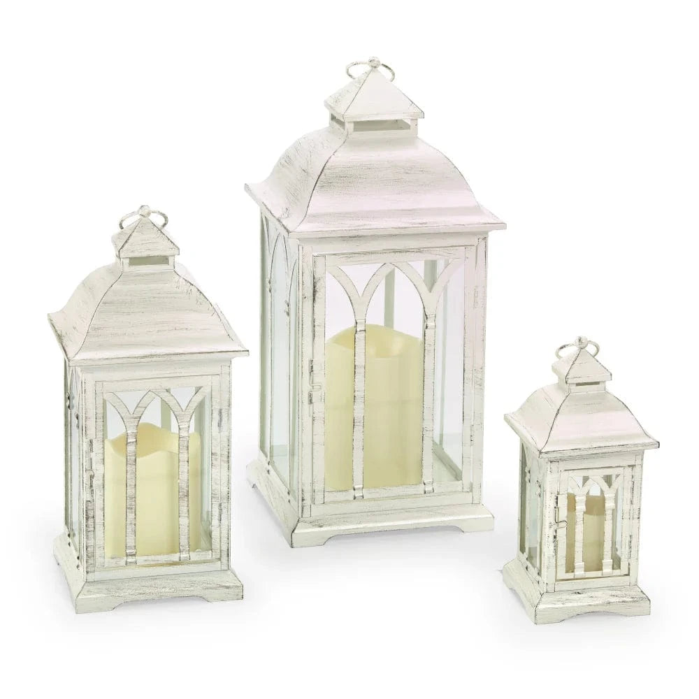 Smart Solar Tabletop Light Lombard Metal Lanterns (Set of 3)- White DM930WHT