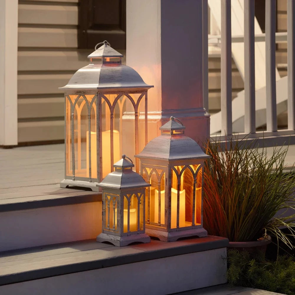 Smart Solar Tabletop Light Lombard Metal Lanterns (Set of 3)- White DM930WHT