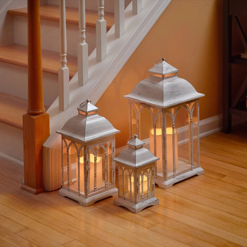 Smart Solar Tabletop Light Lombard Metal Lanterns (Set of 3)- White DM930WHT