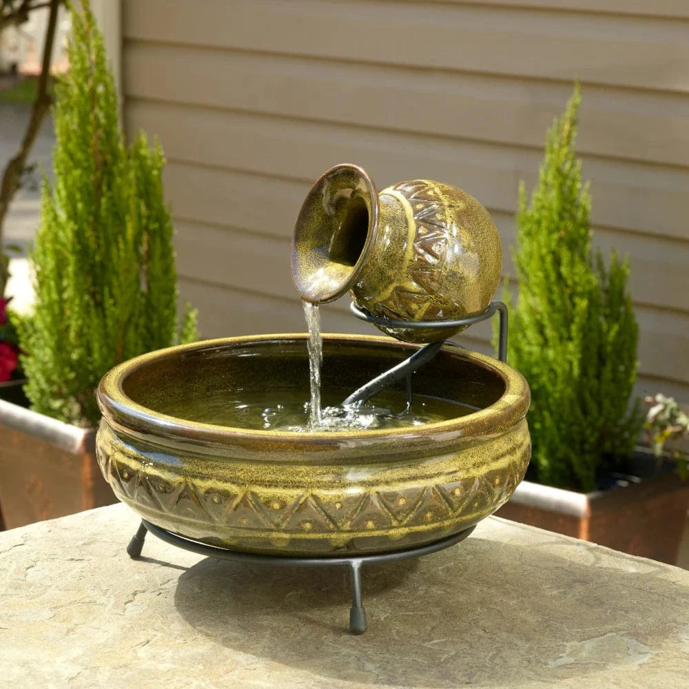 Smart Solar Outdoor Fountains Cairo Ceramic Jug Solar Fountain - Walnut Finish 23481M01 / 15.35" x 13.78" x 12.21 Smart Solar Cairo Ceramic Jug Solar Fountain - Walnut Finish 23481M01