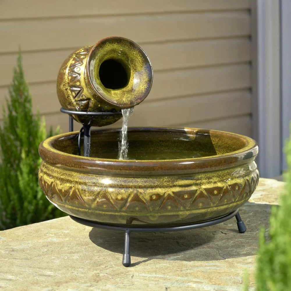 Smart Solar Outdoor Fountains Cairo Ceramic Jug Solar Fountain - Walnut Finish 23481M01 / 15.35" x 13.78" x 12.21 Smart Solar Cairo Ceramic Jug Solar Fountain - Walnut Finish 23481M01