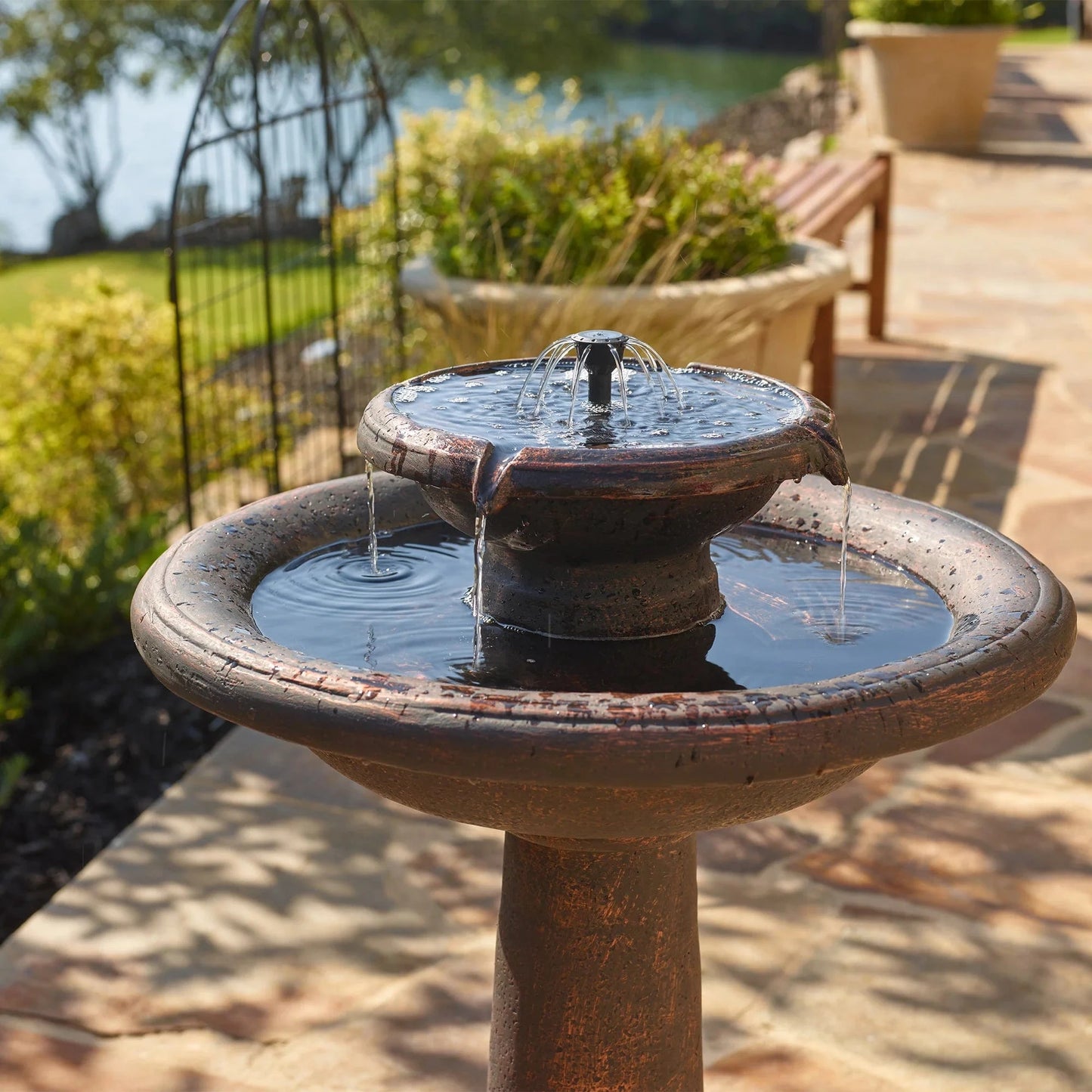 Smart Solar Outdoor Fountains Chatsworth 2-Tier IntelliSOLAR Fountain with Remote - Oiled Bronze 24260024 / 21" Diameter (10" W base) x 30" H Smart Solar Chatsworth 2-Tier IntelliSOLAR Fountain with Remote - Oiled Bronze 24260024