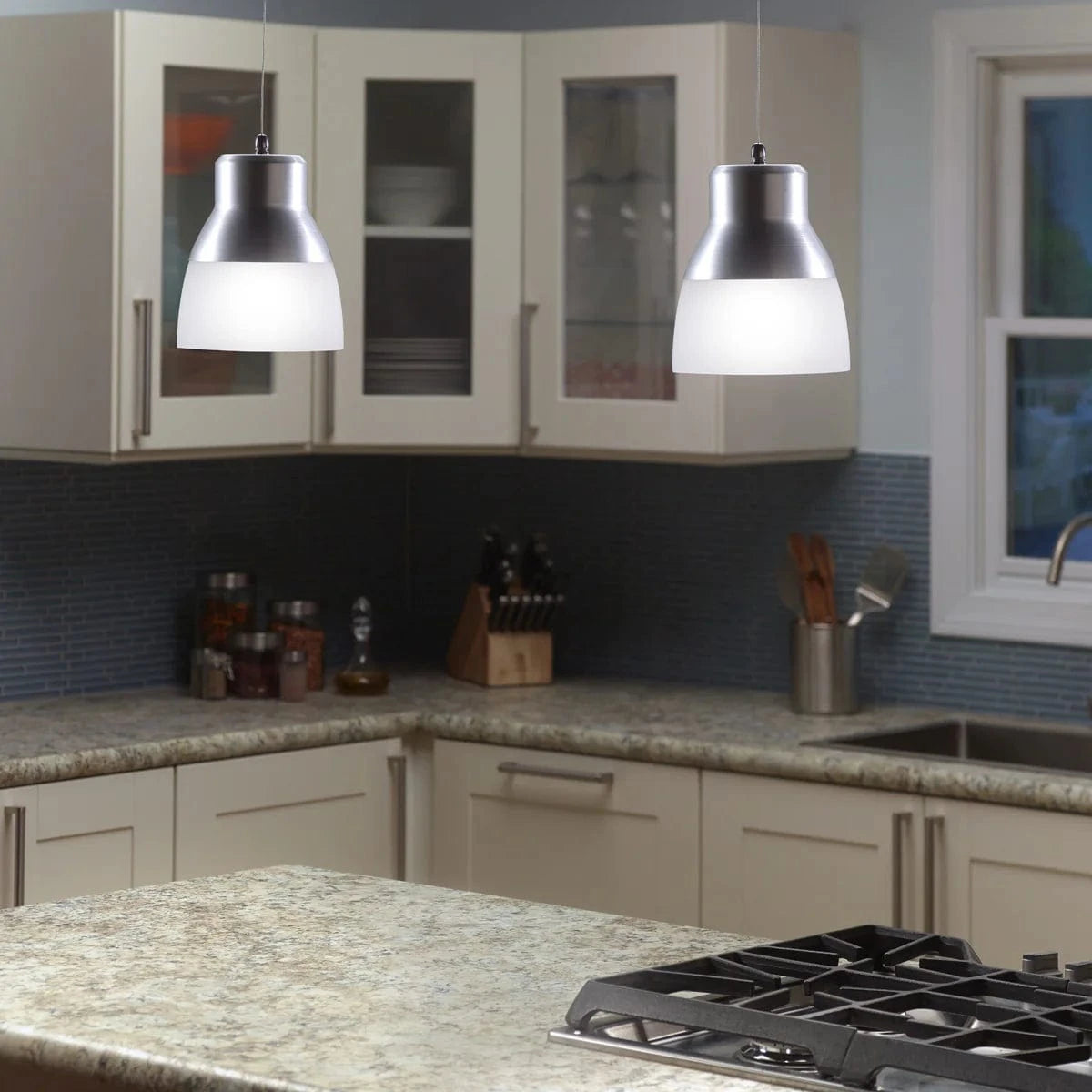 Smart Solar Pendant Light Glass Pendant Light - Silver Chrome Nickel IEL-5778 / 8.5"W x 7"H & 7.75"W x 2"H Smart Solar Glass Pendant Light - Silver Chrome Nickel IEL-5778