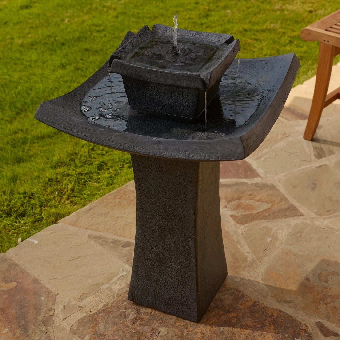 Smart Solar Outdoor Fountains Mahayana Zen 2-Tier IntelliSOLAR Fountain with Remote - Aged Iron 34252024 / 19.25" Diameter (9" W base) x 29.25" H Smart Solar Mahayana Zen 2-Tier IntelliSOLAR Fountain with Remote - Aged Iron 34252024