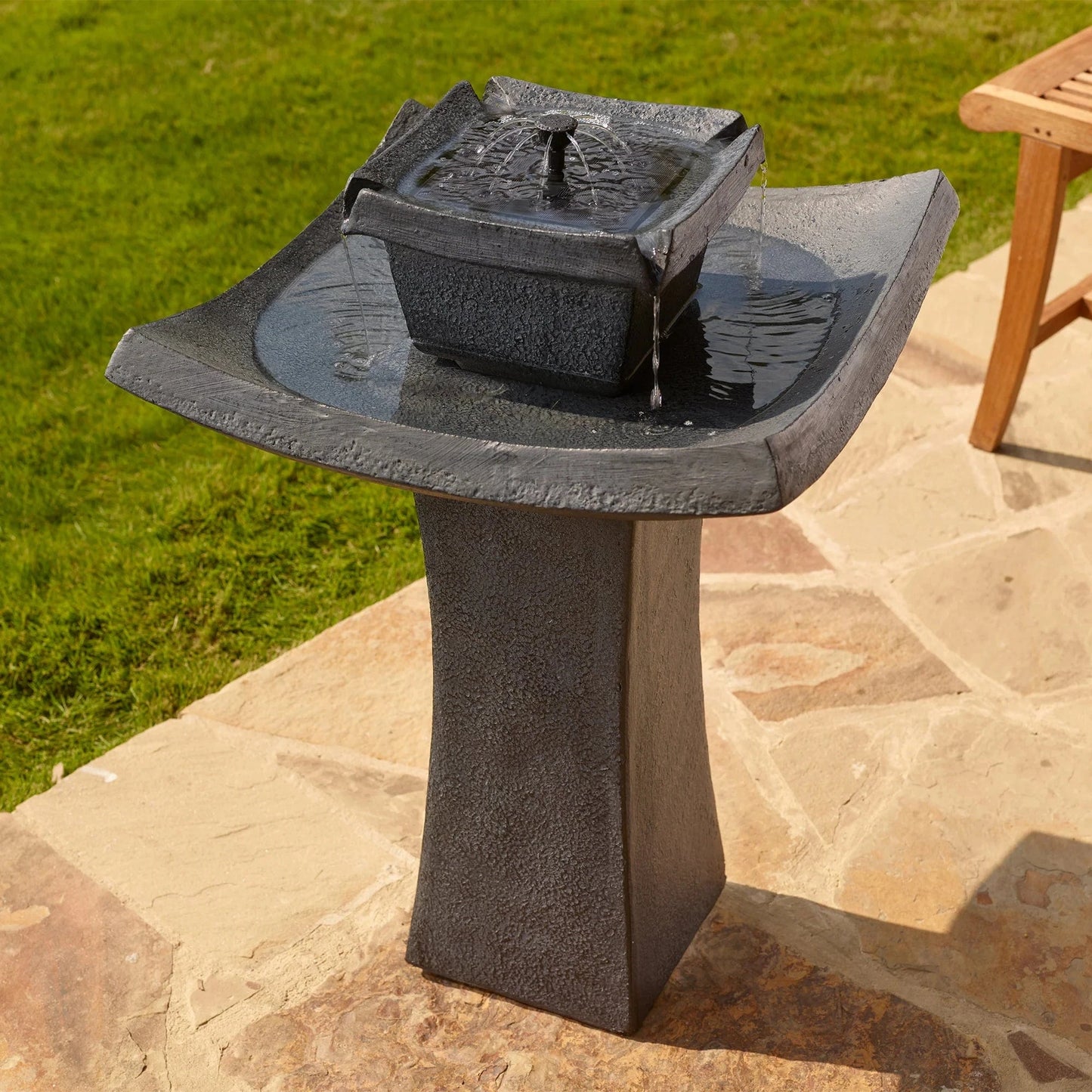 Smart Solar Outdoor Fountains Mahayana Zen 2-Tier IntelliSOLAR Fountain with Remote - Aged Iron 34252024 / 19.25" Diameter (9" W base) x 29.25" H Smart Solar Mahayana Zen 2-Tier IntelliSOLAR Fountain with Remote - Aged Iron 34252024