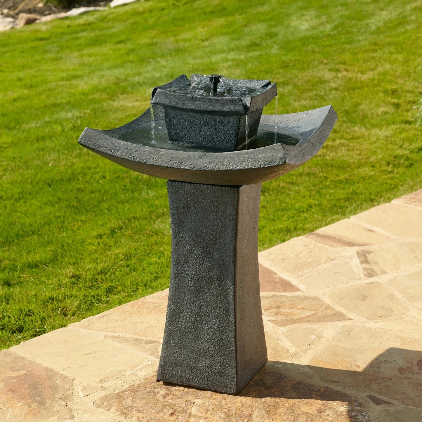 Smart Solar Outdoor Fountains Mahayana Zen 2-Tier IntelliSOLAR Fountain with Remote - Aged Iron 34252024 / 19.25" Diameter (9" W base) x 29.25" H Smart Solar Mahayana Zen 2-Tier IntelliSOLAR Fountain with Remote - Aged Iron 34252024