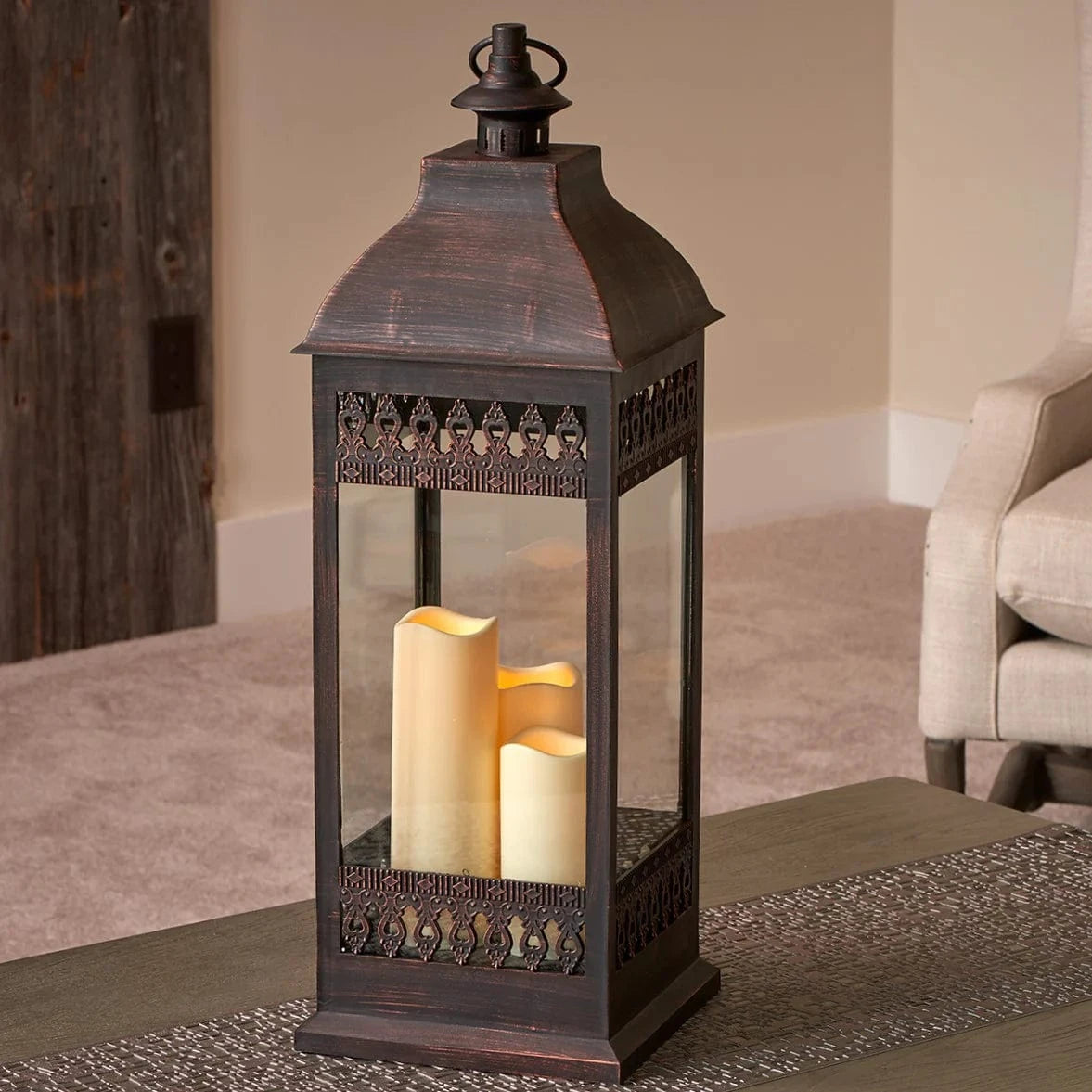 Smart Solar Tabletop Light San Nicola Triple LED Candle Lantern - Bronze (28"H) 80071 / 9.50"L x 9.50"W x 28.25"H Smart Solar San Nicola Triple LED Candle Lantern - Bronze (28"H) 80071