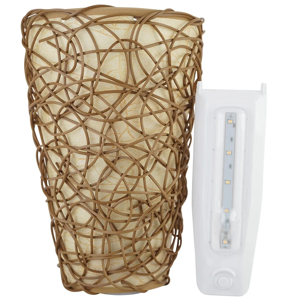 Smart Solar Wall Light Sconce with White Shade and Black Wicker IEL-2100 / 7.75"W x 4"D x 11.25"H Smart Solar Sconce with White Shade and Black Wicker IEL-2100