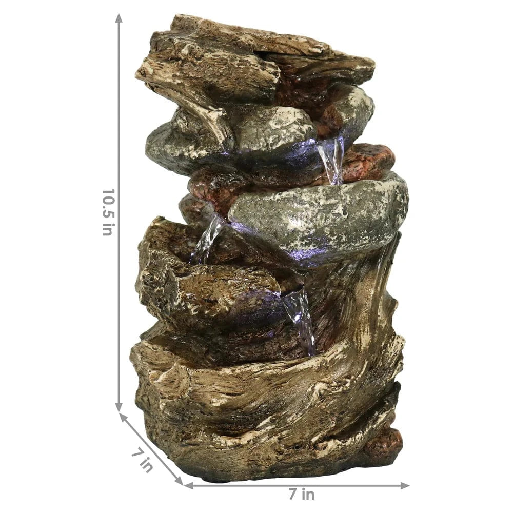 Sunnydaze 10" Tiered Rock & Log Indoor Waterfall Fountain with LED Lights DW-35126