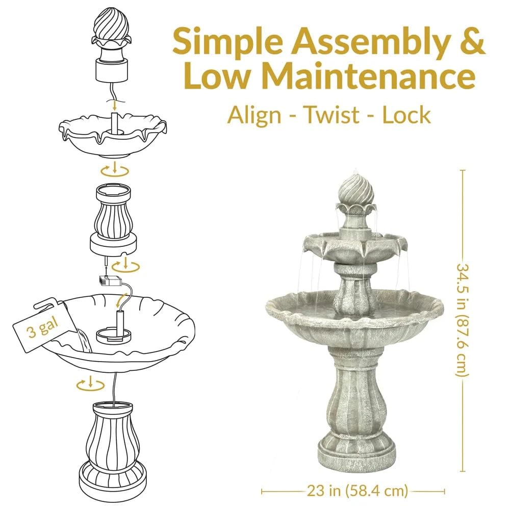 SunnyDaze Fountains Sunnydaze 2-Tier 35” Solar Powered w/ Battery Backup Fountain