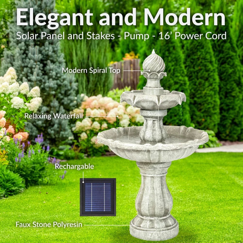 SunnyDaze Fountains Sunnydaze 2-Tier 35” Solar Powered w/ Battery Backup Fountain