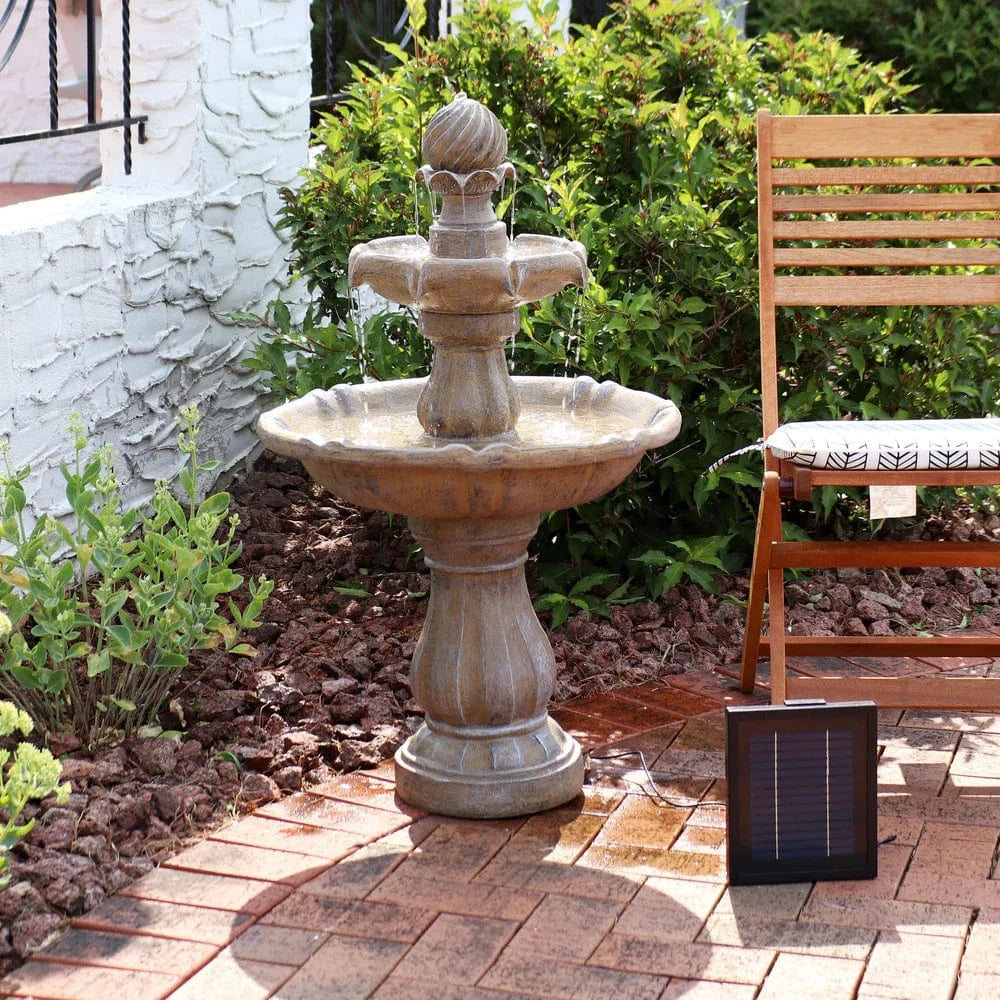 SunnyDaze Fountains Sunnydaze 2-Tier 35” Solar Powered w/ Battery Backup Fountain