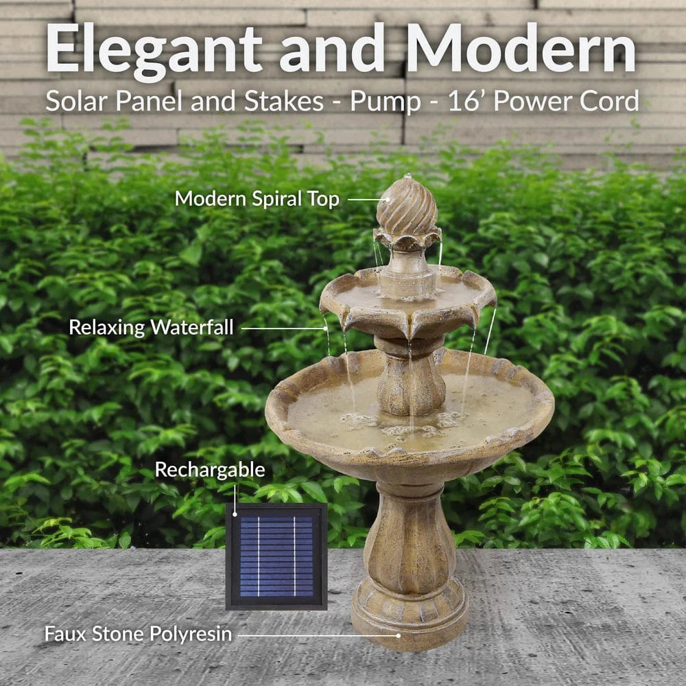 SunnyDaze Fountains Sunnydaze 2-Tier 35” Solar Powered w/ Battery Backup Fountain