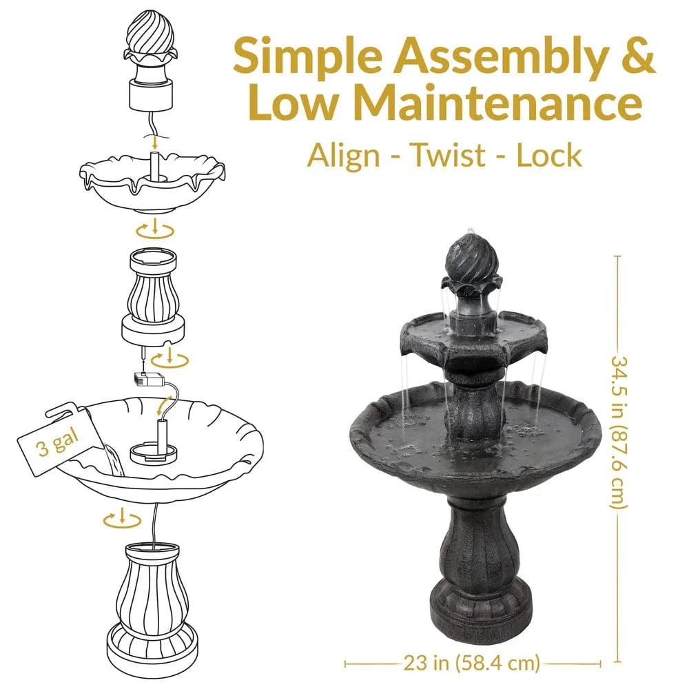 SunnyDaze Fountains Sunnydaze 2-Tier 35” Solar Powered w/ Battery Backup Fountain