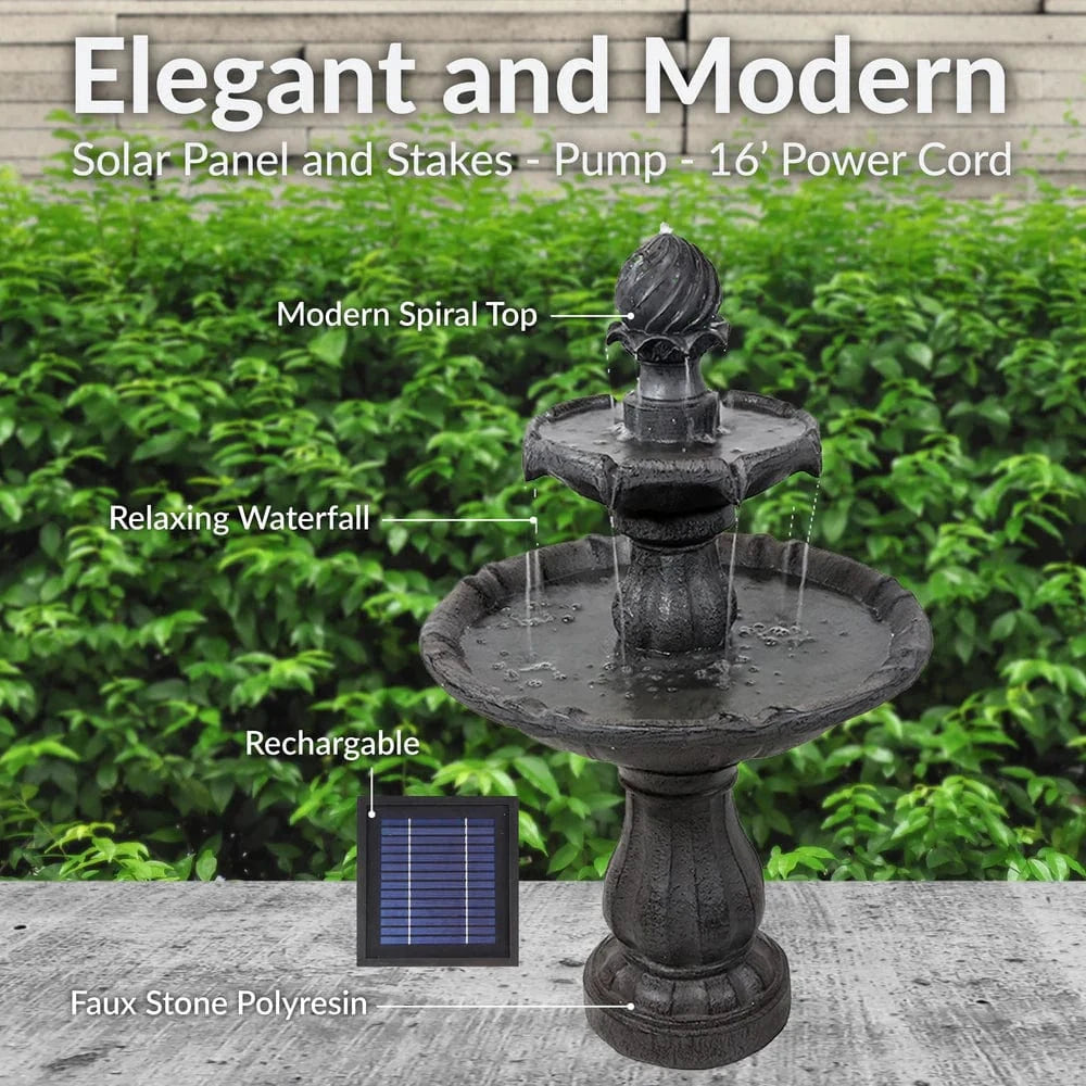 SunnyDaze Fountains Sunnydaze 2-Tier 35” Solar Powered w/ Battery Backup Fountain