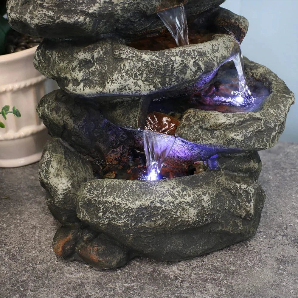 SunnyDaze Fountains Sunnydaze 6-Tier Stone Falls 15” w/ LED Light Table Top Indoor Water Fountain