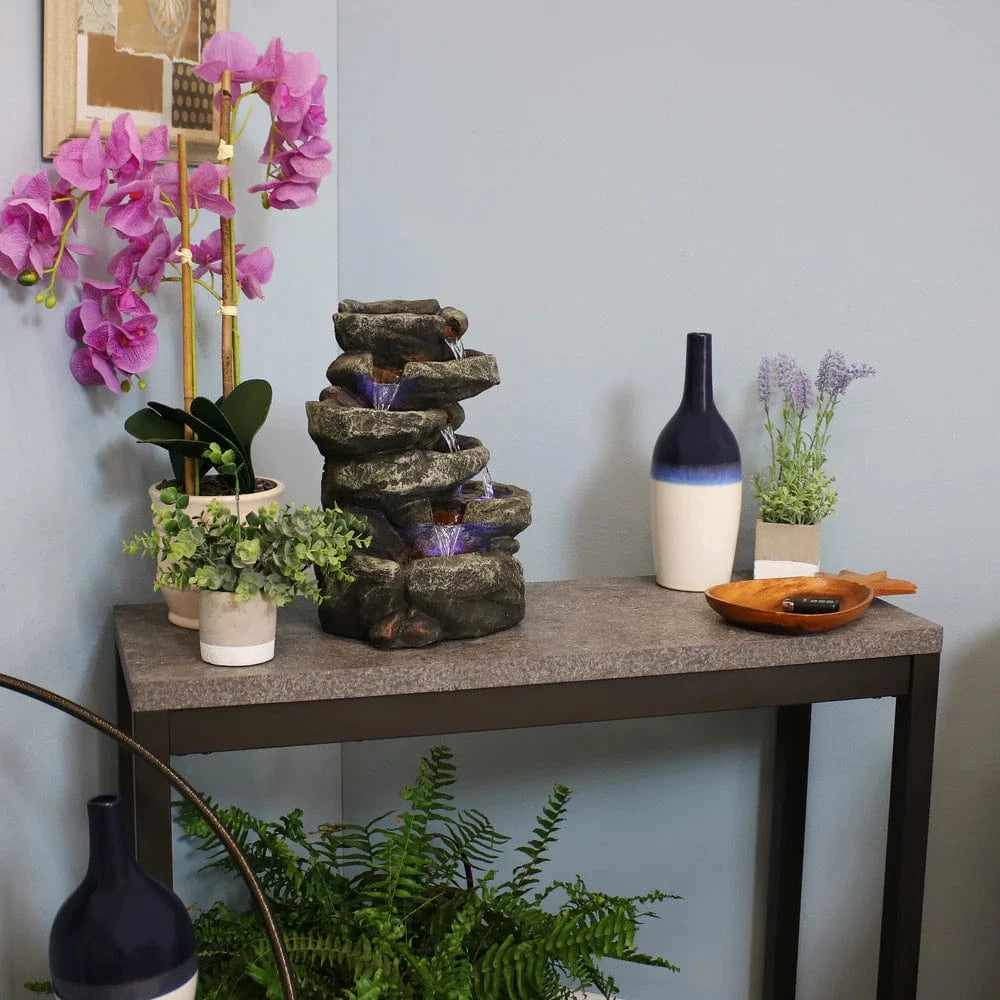 SunnyDaze Fountains Sunnydaze 6-Tier Stone Falls 15” w/ LED Light Table Top Indoor Water Fountain