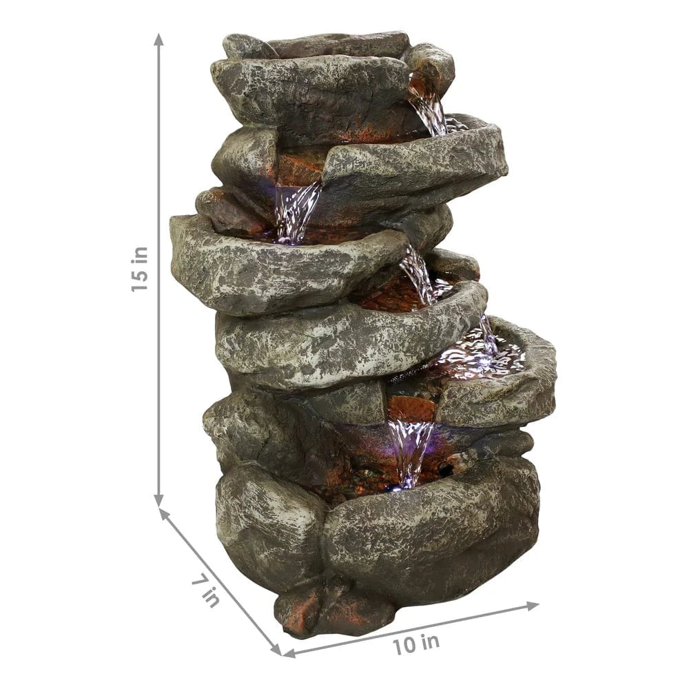 SunnyDaze Fountains Sunnydaze 6-Tier Stone Falls 15” w/ LED Light Table Top Indoor Water Fountain