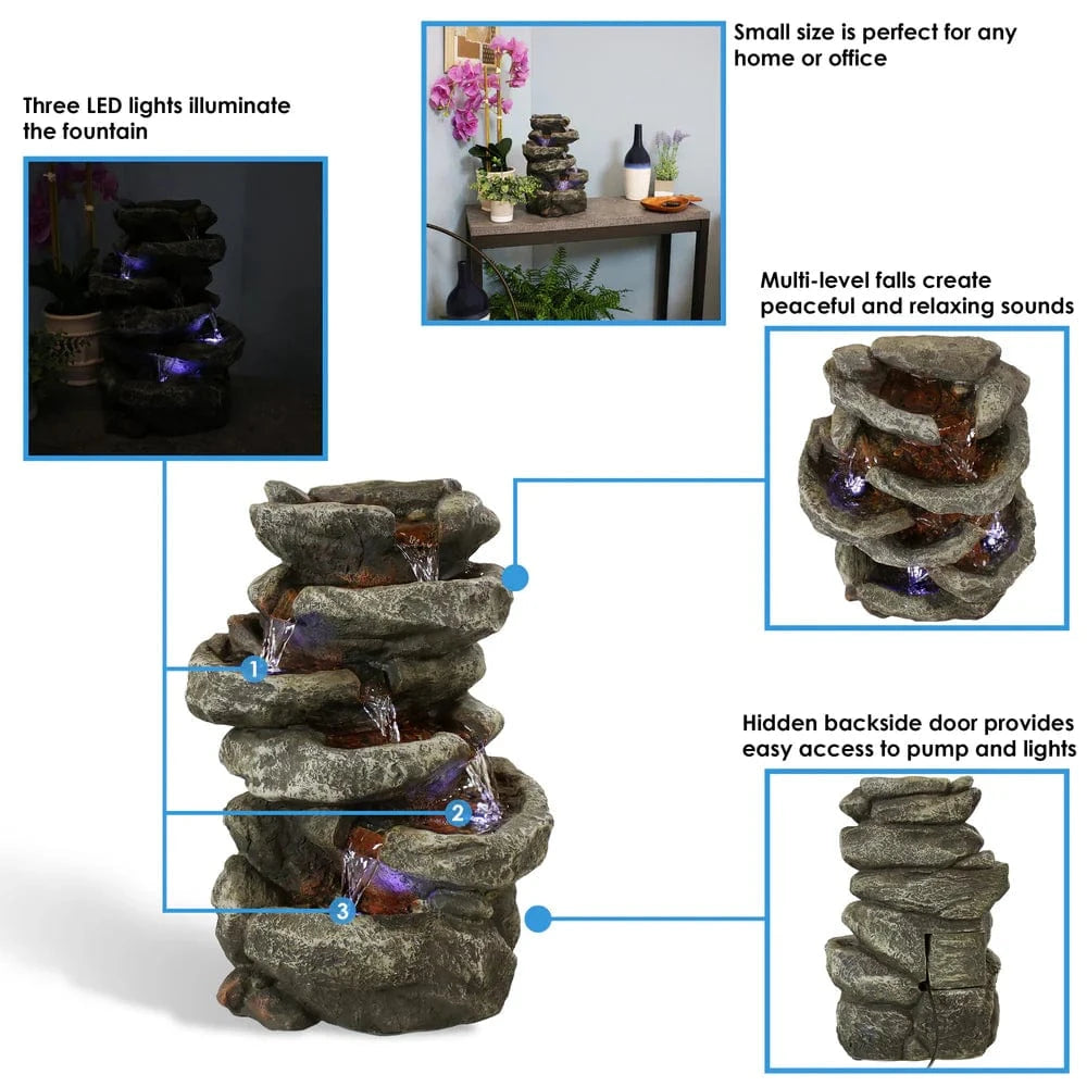 SunnyDaze Fountains Sunnydaze 6-Tier Stone Falls 15” w/ LED Light Table Top Indoor Water Fountain