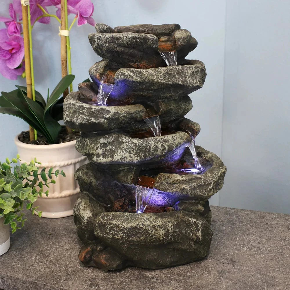 SunnyDaze Fountains Sunnydaze 6-Tier Stone Falls 15” w/ LED Light Table Top Indoor Water Fountain