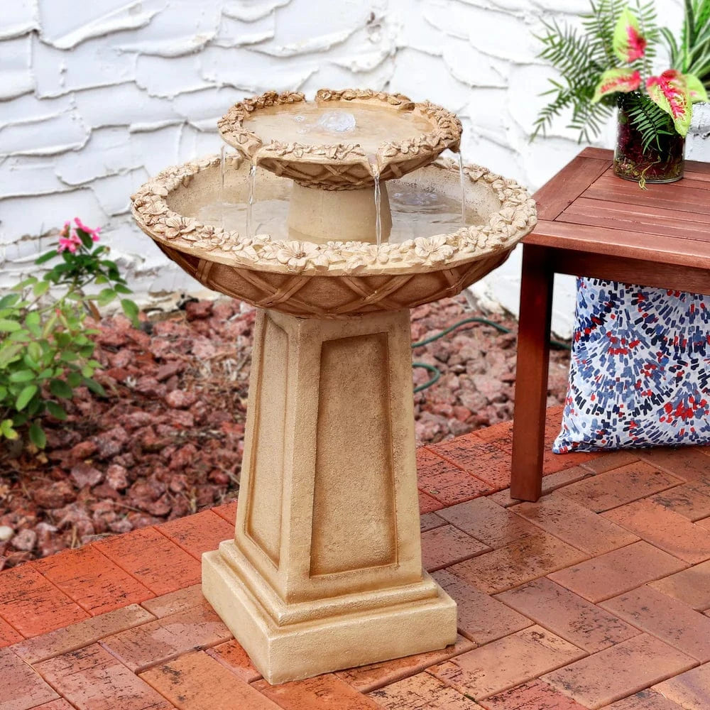 SunnyDaze Fountains Sunnydaze Beveled Flower 2-Tier Outdoor Water Fountain & Bird Bath - 28"