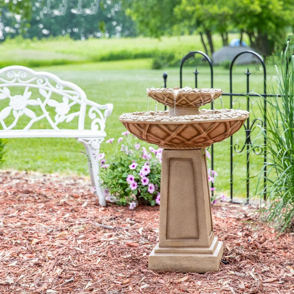 SunnyDaze Fountains Sunnydaze Beveled Flower 2-Tier Outdoor Water Fountain & Bird Bath - 28"