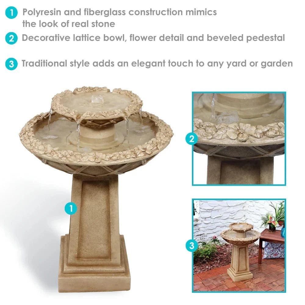 SunnyDaze Fountains Sunnydaze Beveled Flower 2-Tier Outdoor Water Fountain & Bird Bath - 28"