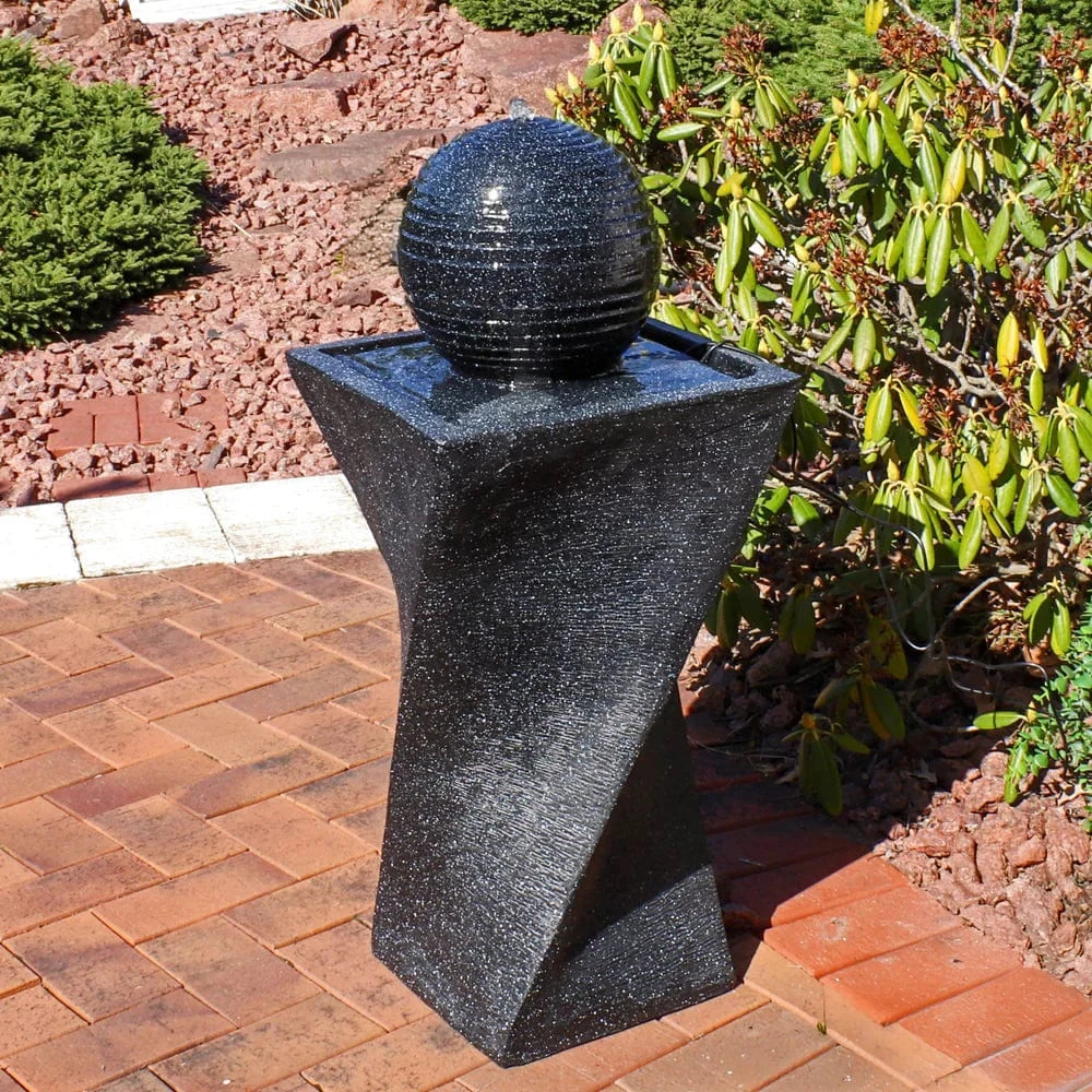 SunnyDaze Fountains Sunnydaze Black Ball Fountain 32” Solar Powered w/ Battery Backup and LED Light