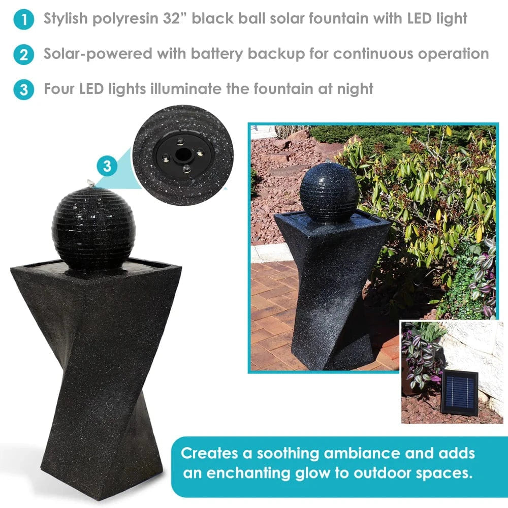 SunnyDaze Fountains Sunnydaze Black Ball Fountain 32” Solar Powered w/ Battery Backup and LED Light