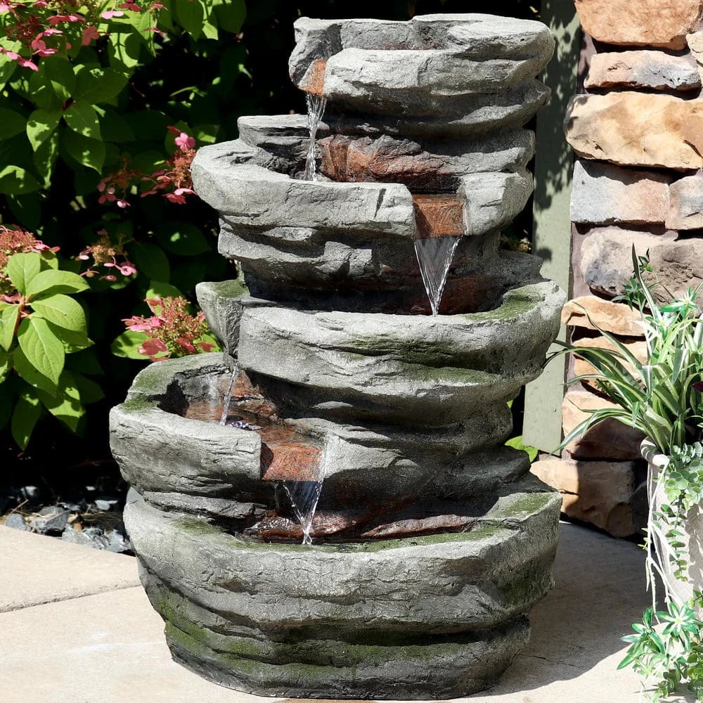 SunnyDaze Fountains Sunnydaze Cobblestone Rock Waterfall Fountain with LED Lights - 31" H
