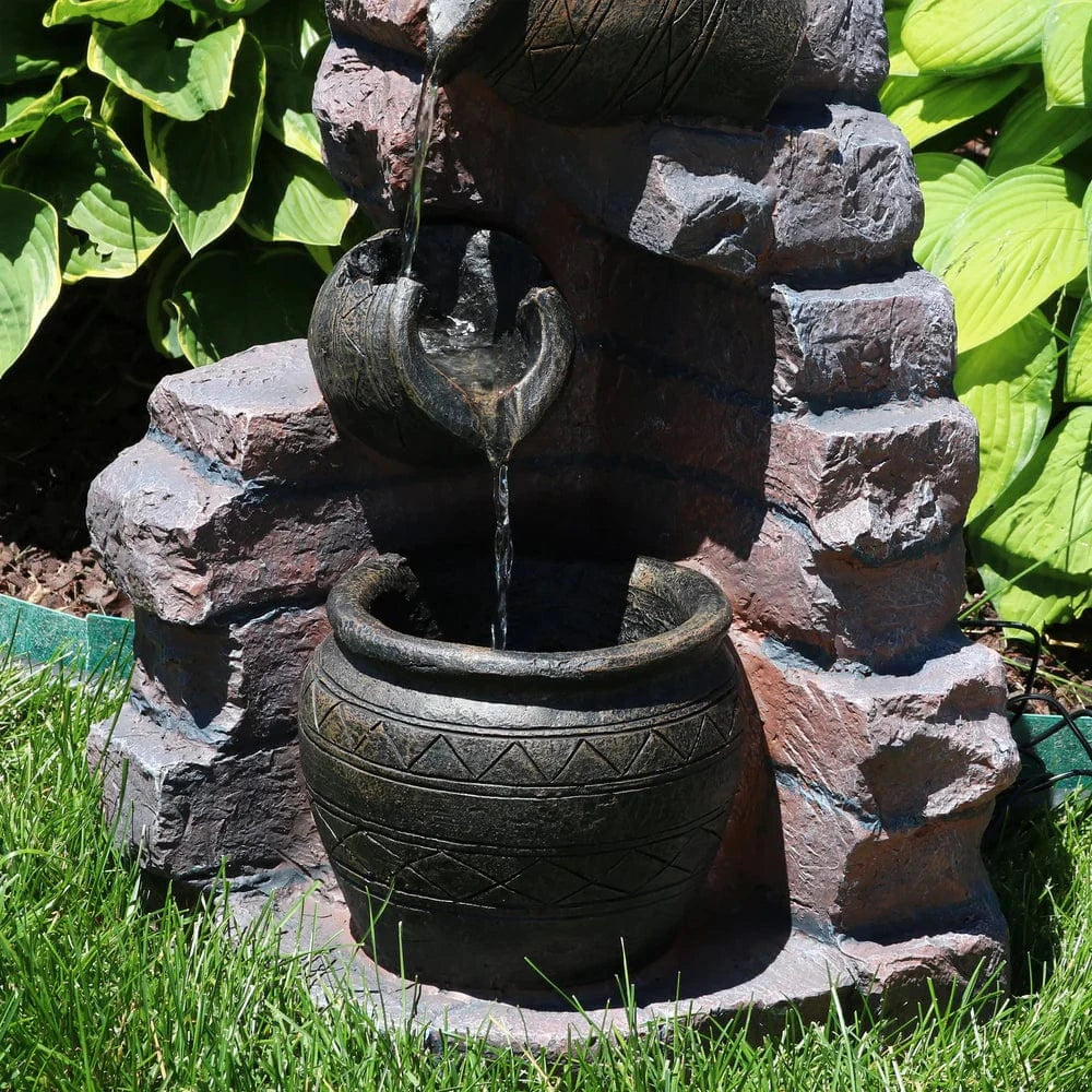 SunnyDaze Fountains Sunnydaze Crumbling Bricks and Pots 27” Solar Powered w/ Battery Backup Fountain