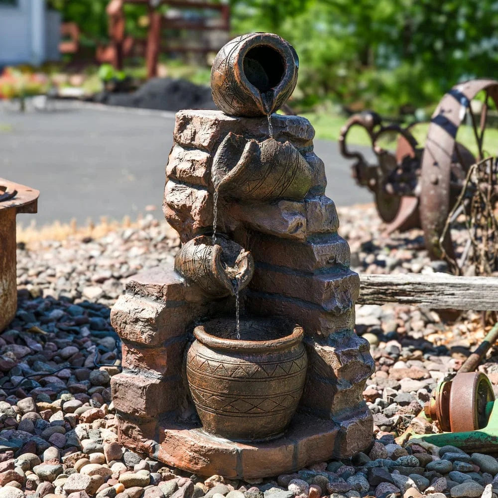 SunnyDaze Fountains Sunnydaze Crumbling Bricks and Pots 27” Solar Powered w/ Battery Backup Fountain
