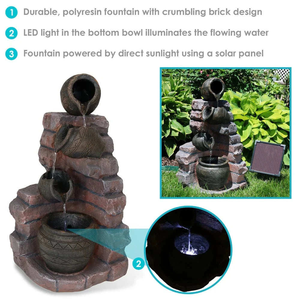 SunnyDaze Fountains Sunnydaze Crumbling Bricks and Pots 27” Solar Powered w/ Battery Backup Fountain