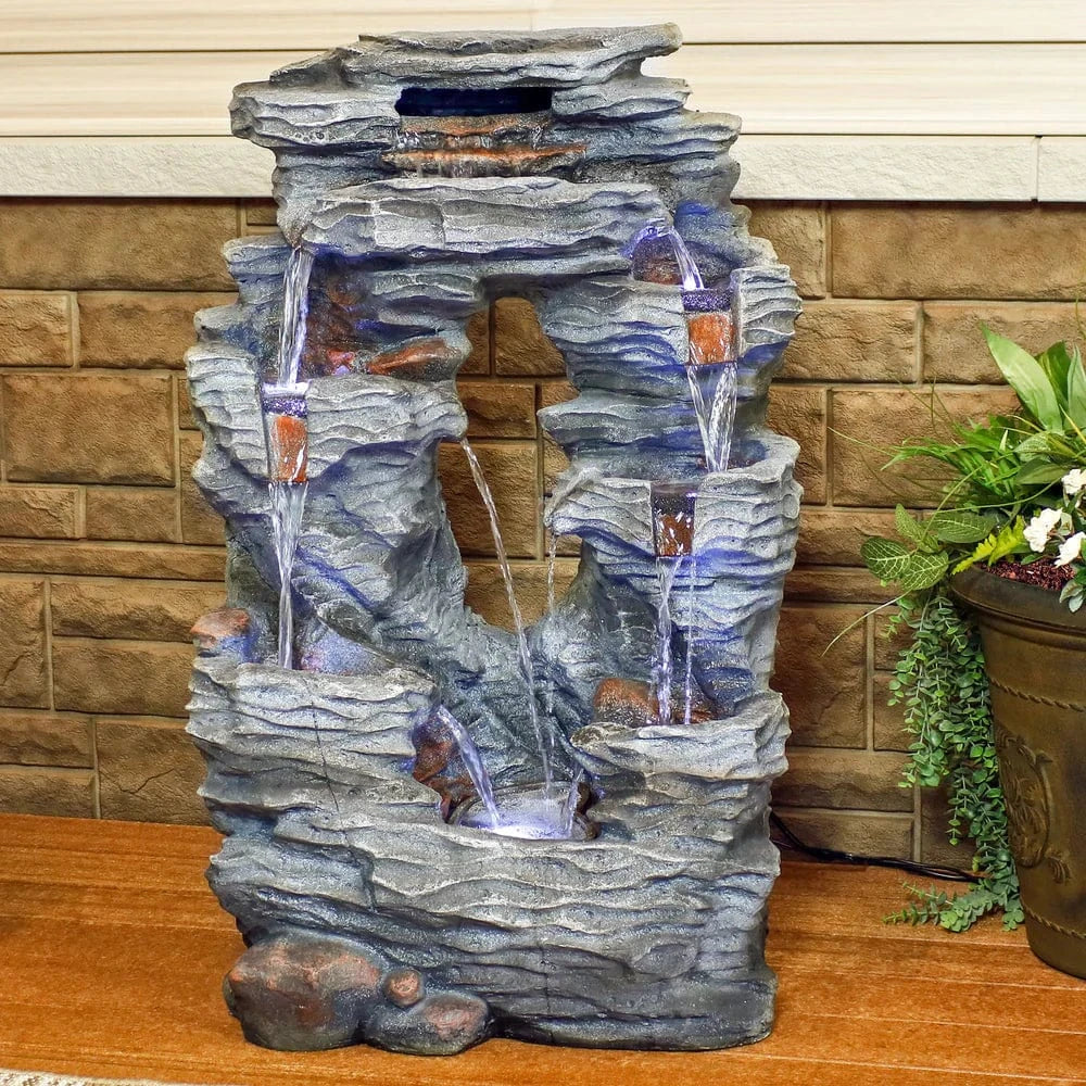 SunnyDaze Fountains Sunnydaze Dual Cascading Rock Falls Water Fountain with LED Lights and Electric Submersible Pump - 39"