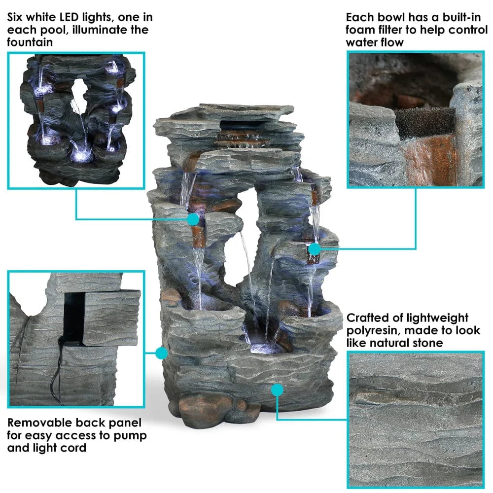 SunnyDaze Fountains Sunnydaze Dual Cascading Rock Falls Water Fountain with LED Lights and Electric Submersible Pump - 39"