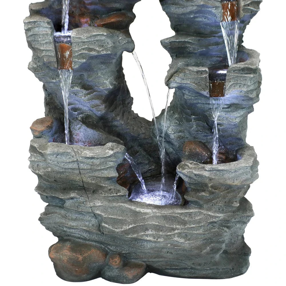 SunnyDaze Fountains Sunnydaze Dual Cascading Rock Falls Water Fountain with LED Lights and Electric Submersible Pump - 39"