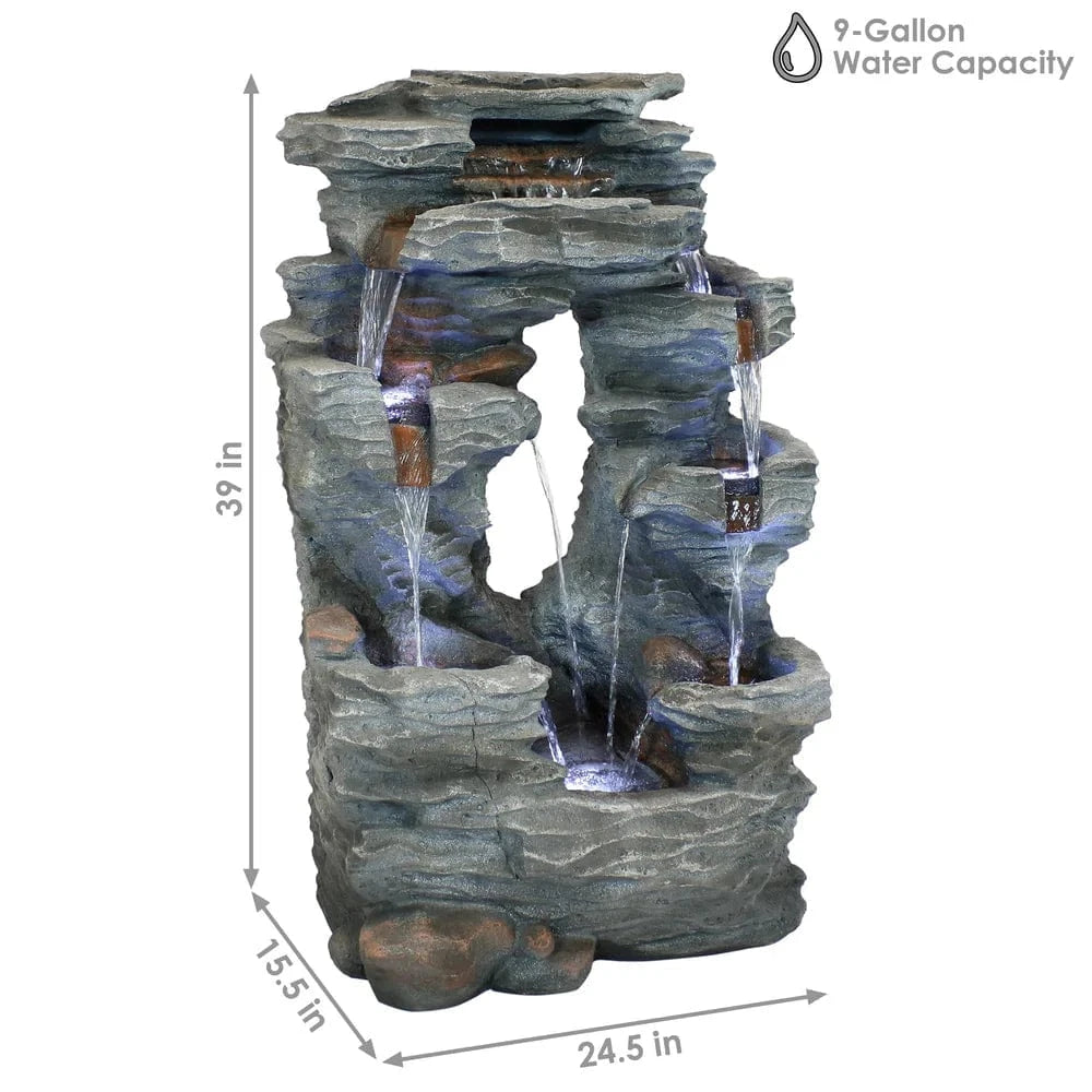 SunnyDaze Fountains Sunnydaze Dual Cascading Rock Falls Water Fountain with LED Lights and Electric Submersible Pump - 39"