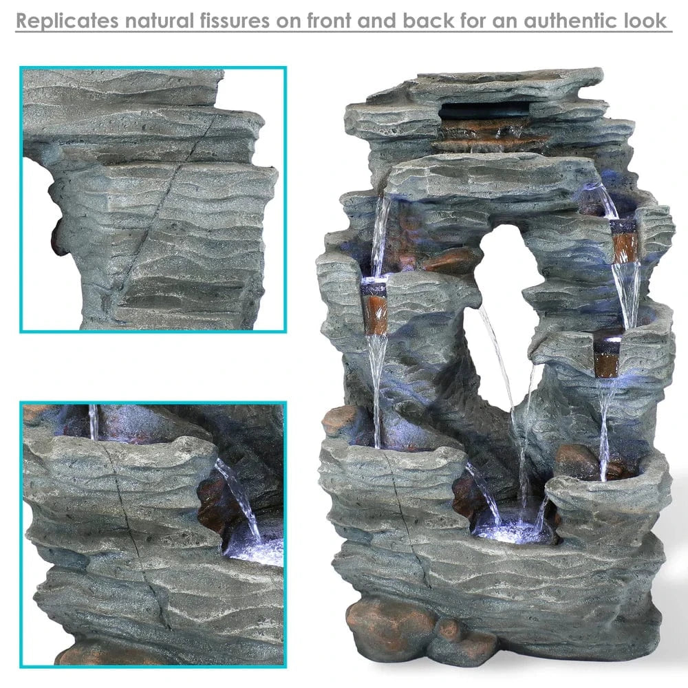 SunnyDaze Fountains Sunnydaze Dual Cascading Rock Falls Water Fountain with LED Lights and Electric Submersible Pump - 39"