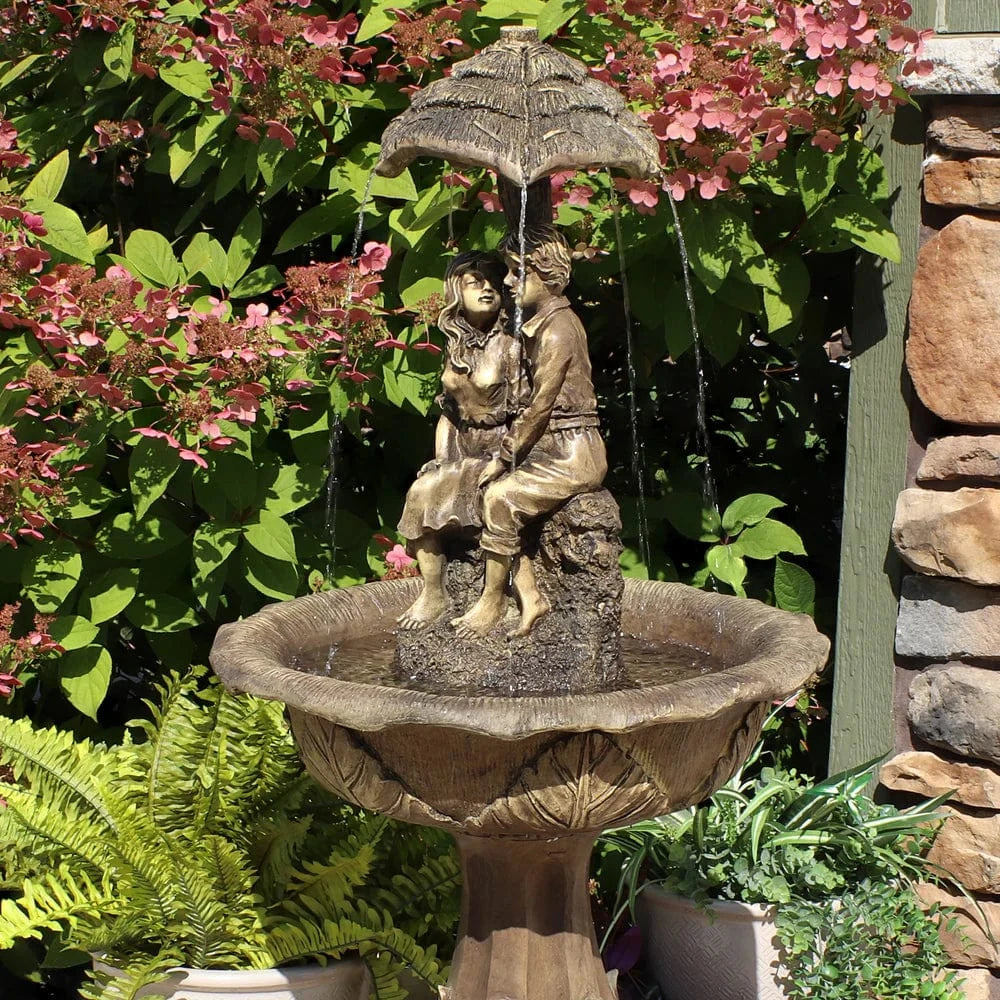 SunnyDaze Fountains Sunnydaze Lovers Umbrella Fountain 43” Solar Powered w/ Battery Backup and Lights