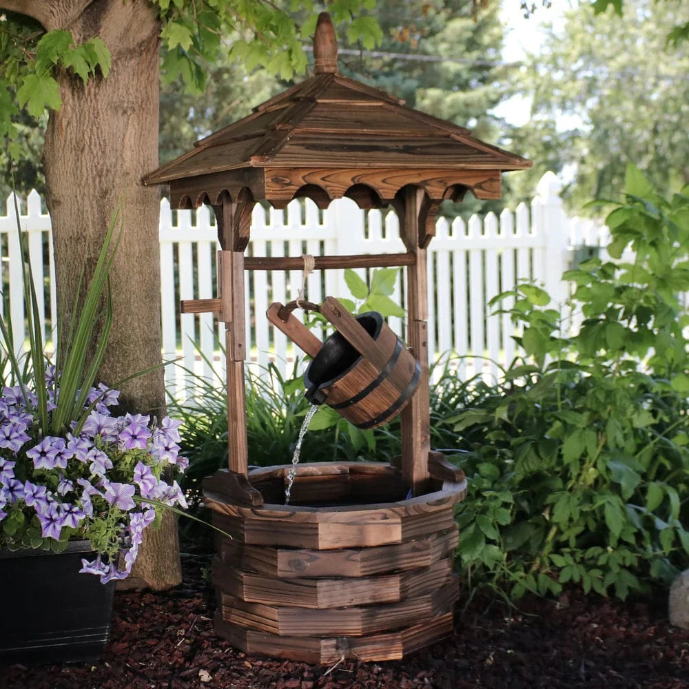 SunnyDaze Fountains Sunnydaze Old-Fashioned Wood Wishing Well Fountain with Liner - 48" H