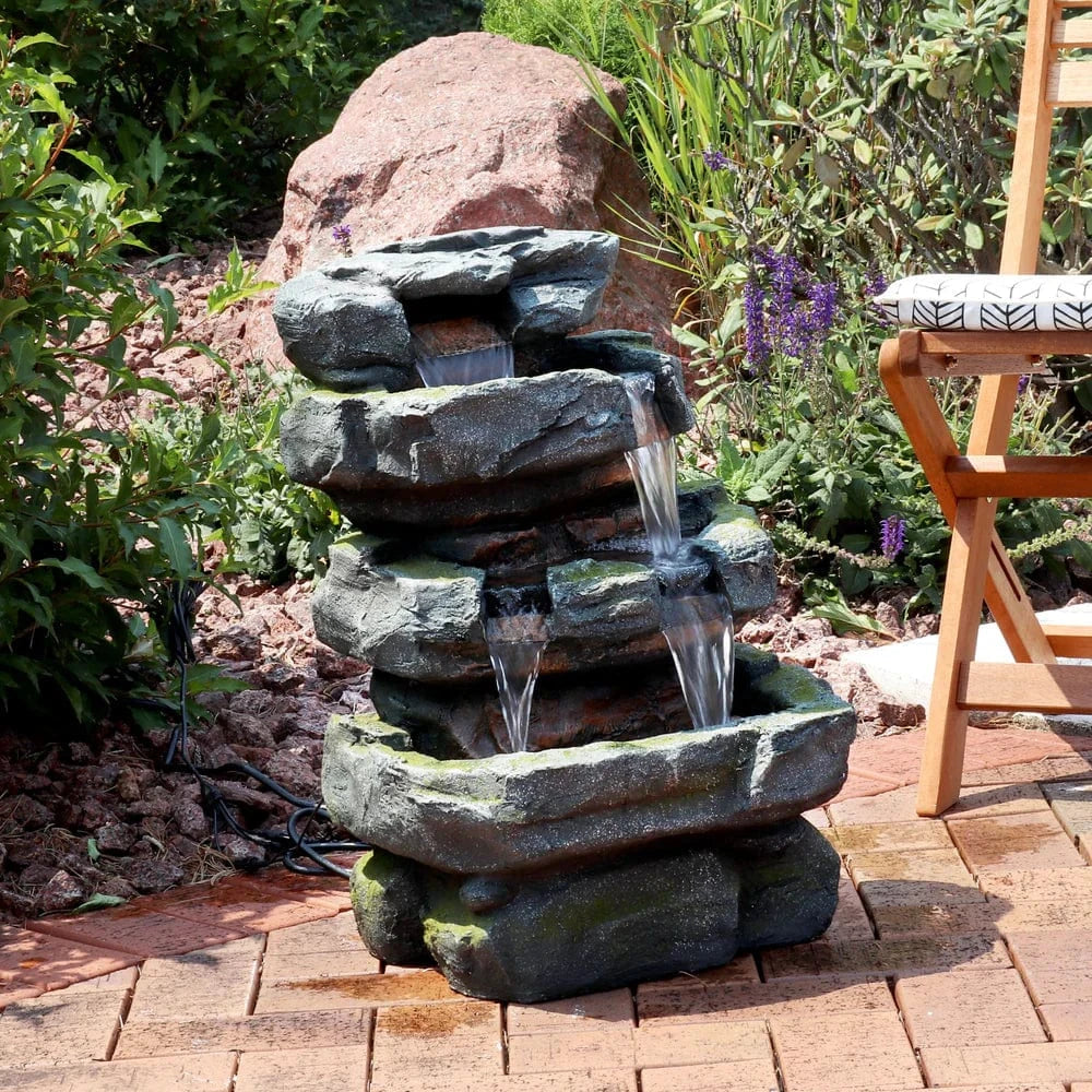 SunnyDaze Fountains Sunnydaze Outdoor Electric Tiered Stone Waterfall with LED Lights - 23" H