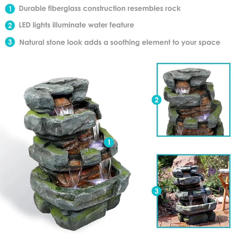 SunnyDaze Fountains Sunnydaze Outdoor Electric Tiered Stone Waterfall with LED Lights - 23" H