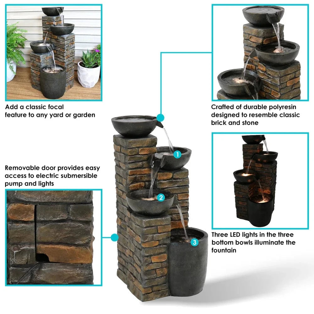 SunnyDaze Fountains Sunnydaze Staggered Pottery Bowls Tiered Outdoor Fountain with Lights - 34"