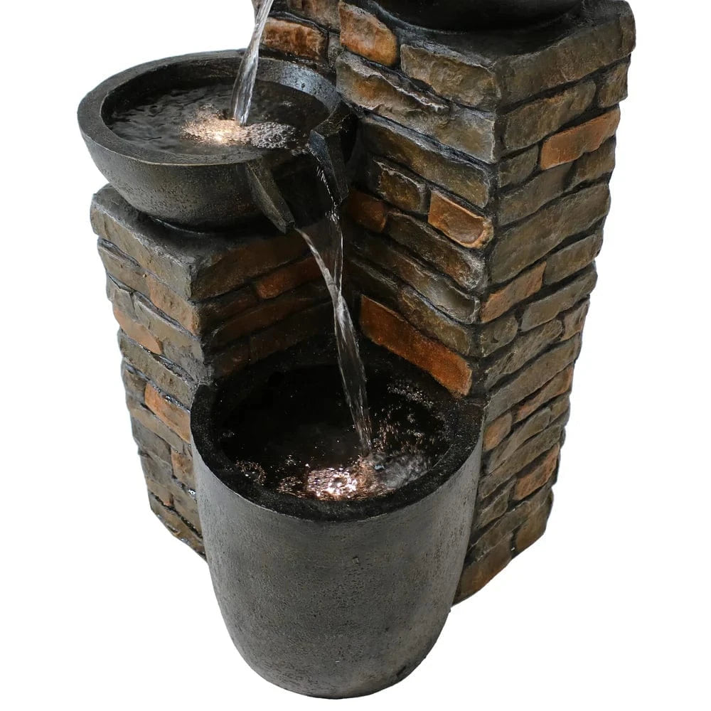SunnyDaze Fountains Sunnydaze Staggered Pottery Bowls Tiered Outdoor Fountain with Lights - 34"