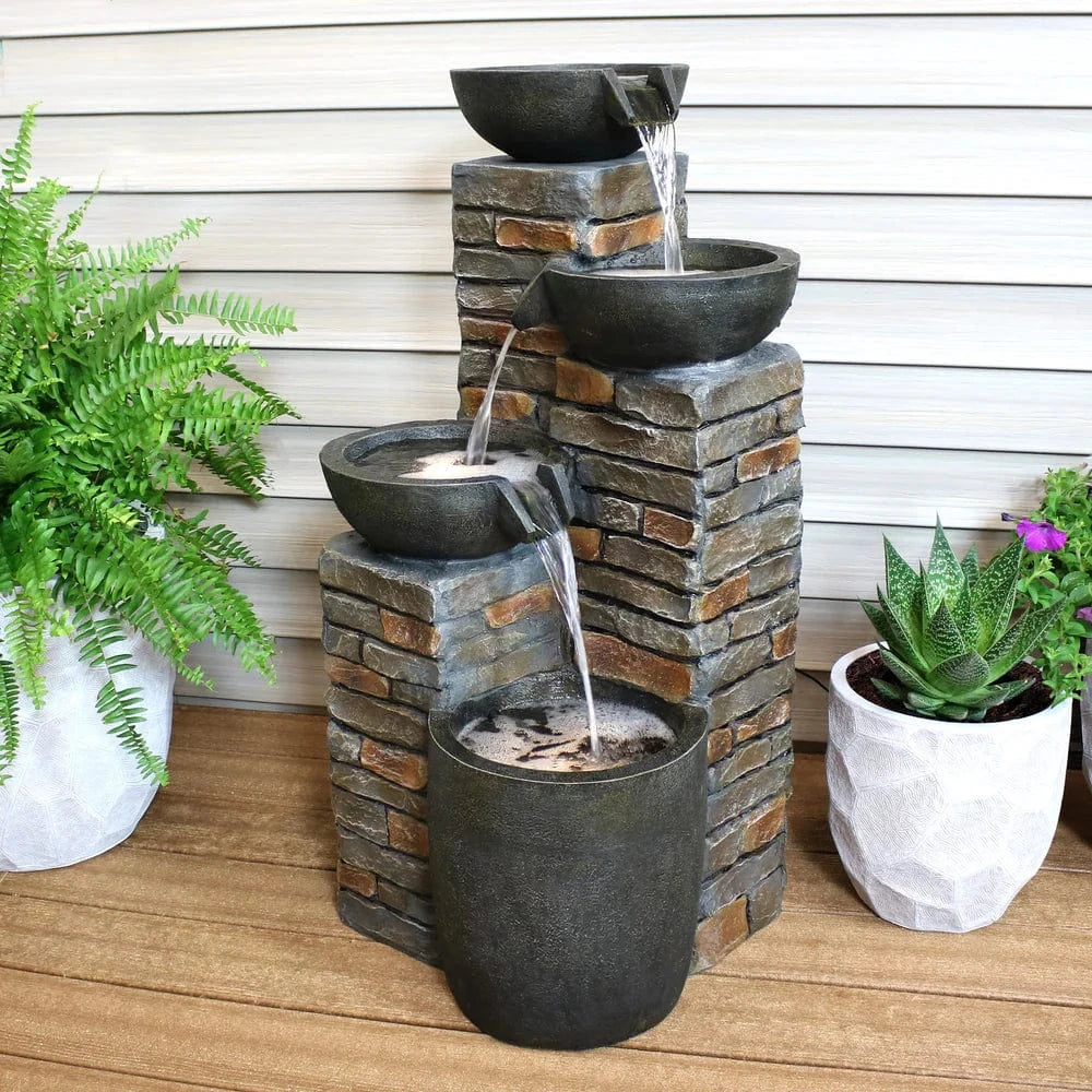 SunnyDaze Fountains Sunnydaze Staggered Pottery Bowls Tiered Outdoor Fountain with Lights - 34"
