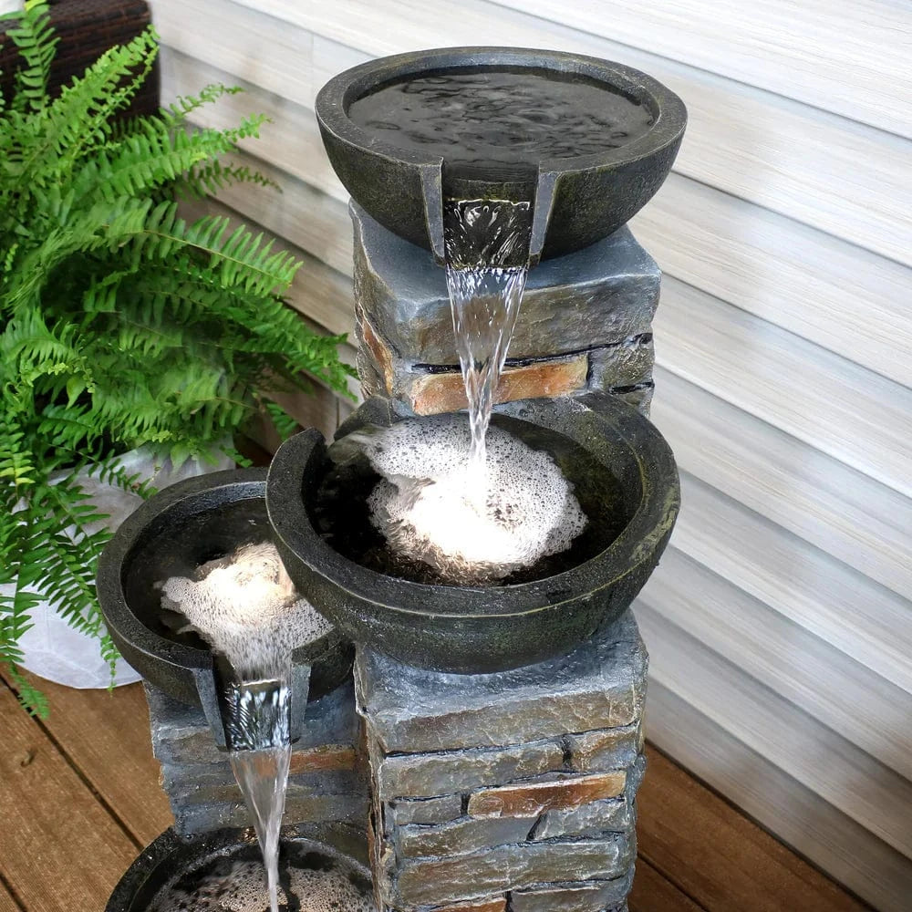SunnyDaze Fountains Sunnydaze Staggered Pottery Bowls Tiered Outdoor Fountain with Lights - 34"