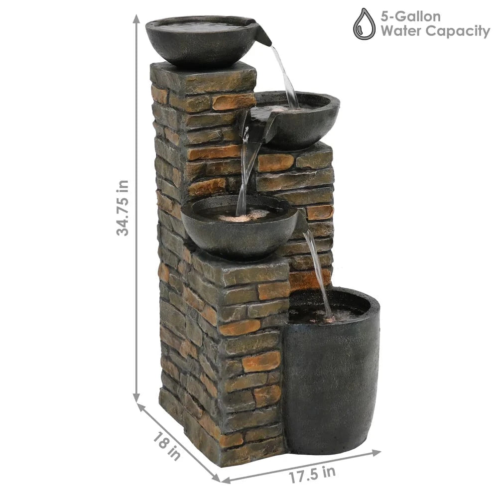 SunnyDaze Fountains Sunnydaze Staggered Pottery Bowls Tiered Outdoor Fountain with Lights - 34"
