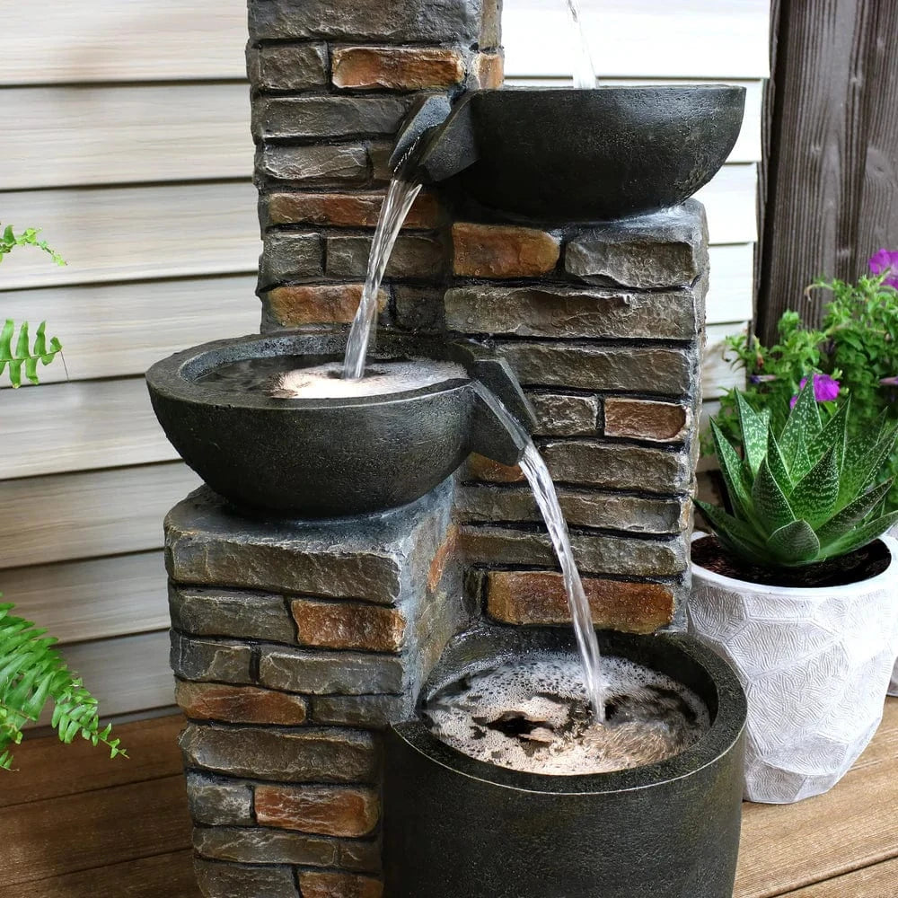 SunnyDaze Fountains Sunnydaze Staggered Pottery Bowls Tiered Outdoor Fountain with Lights - 34"